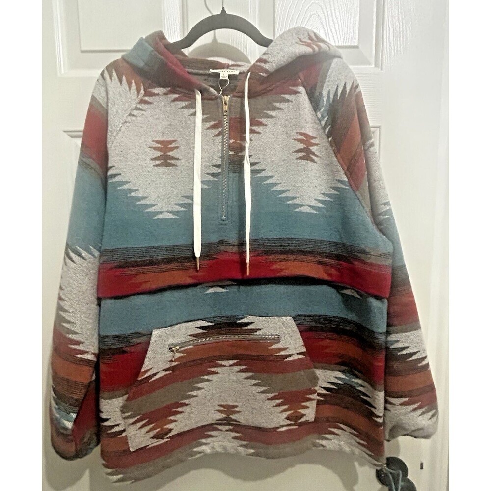 Main Strip Aztec Print Quarter-Zip Hoodie Southwestern Pullover Boho Large
